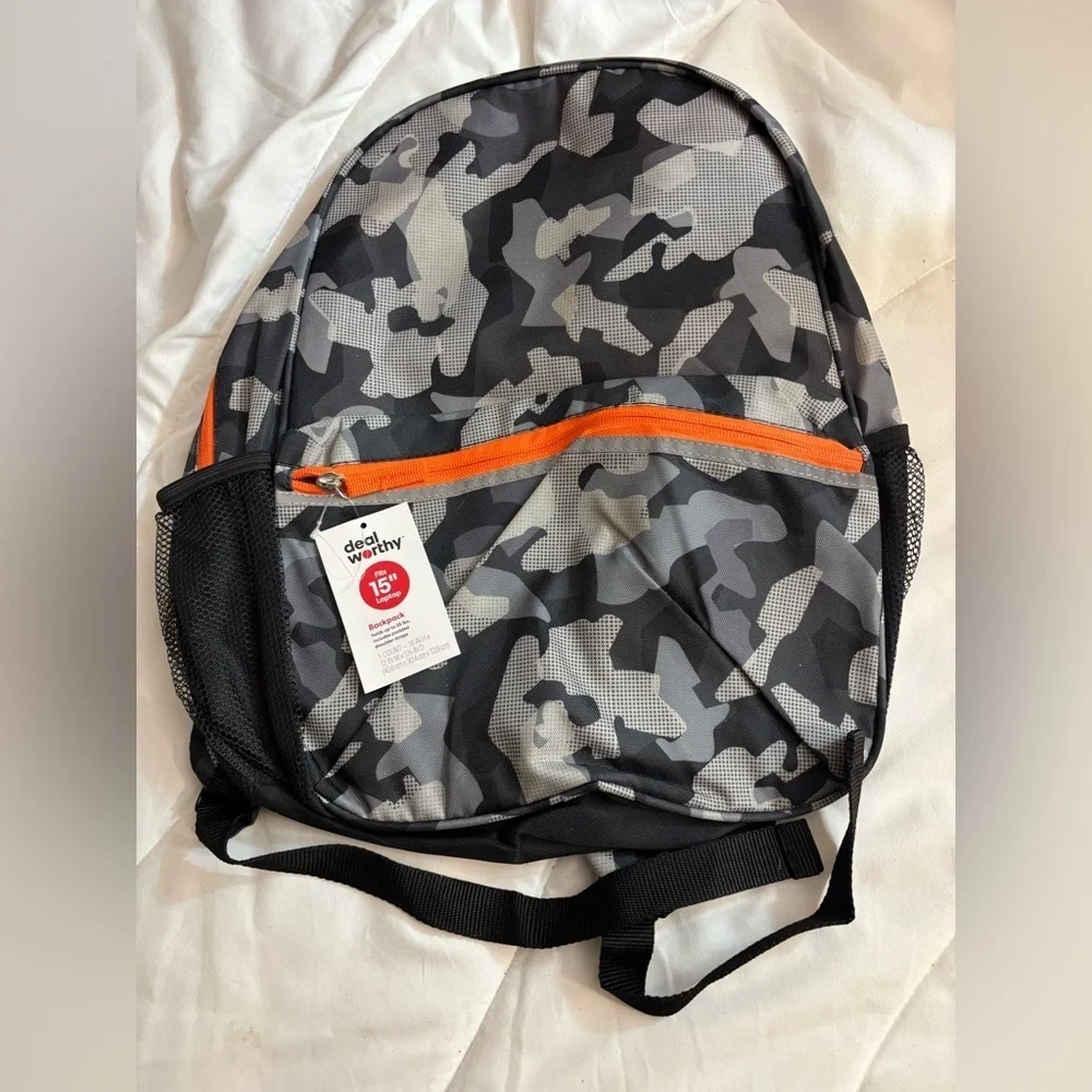 NWT Black Camouflage Backpack with Orange Accents- toddler size fits 15” laptop